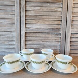 Pyrex Crazy Daisy Milk Glass Mugs And 5 Corelle Saucers In Complimentary Pattern